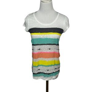 Little Marcel T Shirt Womens Small 100% Linen Cap Sleeve Scoop Neck Multi Colour